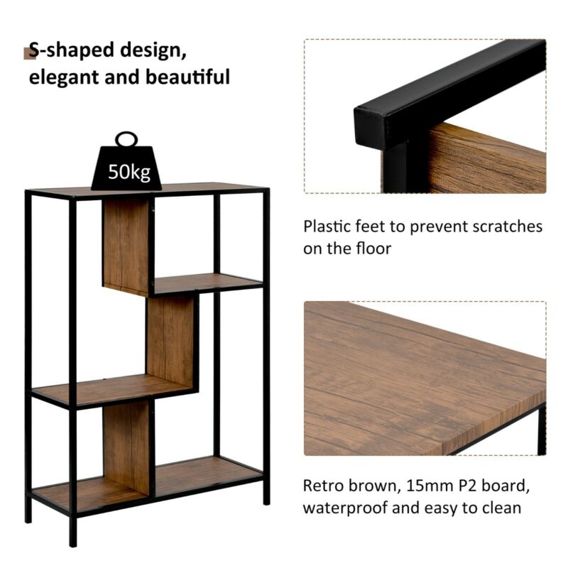 3-Tier Industrial Floor Standing Bookcase, Storage Rack in Living Room