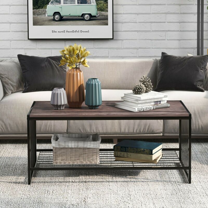 2-Tier Coffee Table Tea Sofa Table with Shelf Storage Metal Frame 100x50x45cm