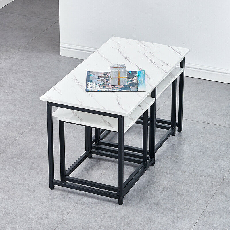 Nest of 3 Coffee Table and 2 Stools Set Living Room Office Lounge Marble Effect