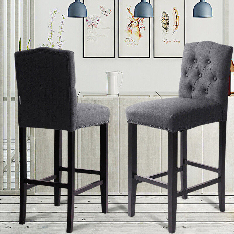 2x Grey Linen Breakfast Bar Stool Kitchen Padded Seat Barstool Button High Back