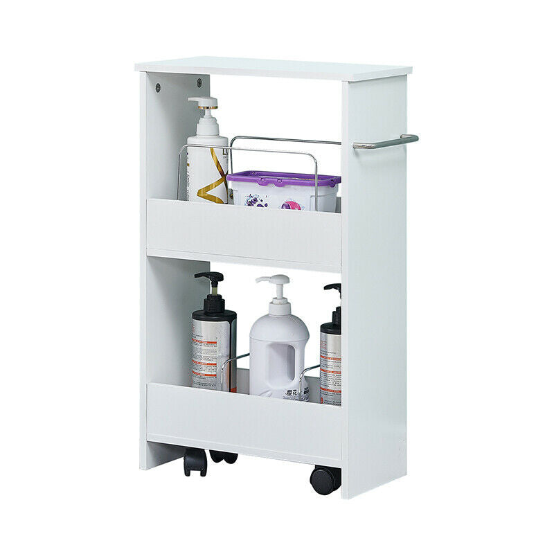 Bathroom Toilet Slim Floor Cabinet Narrow Storage Trolley Cart Rack Holder White