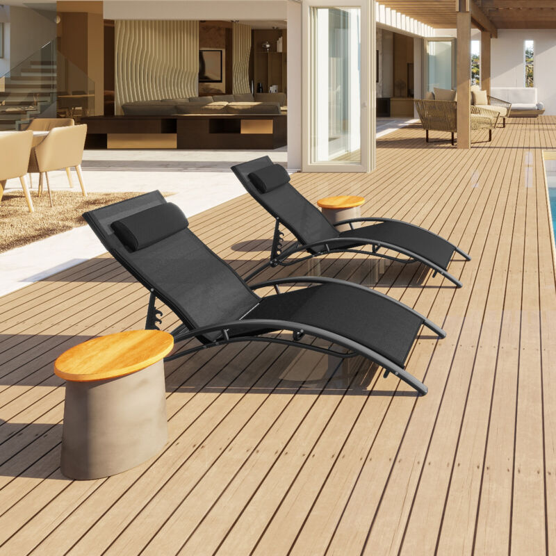 2pcs Garden Sun Lounger Relaxing Reclining Chair Day Bed Adjustable Backrest