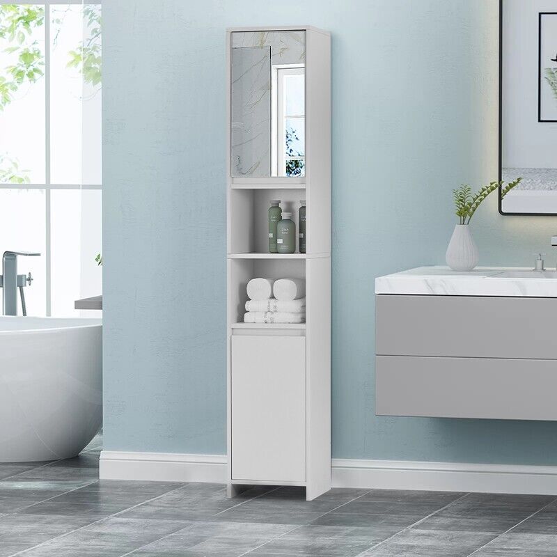 Bathroom Storage Cupboard Cabinet Tallboy Unit with Mirror 6 Shelves 2 Quildinc