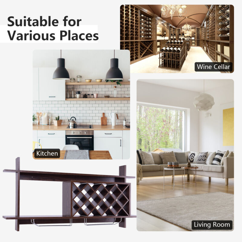 Wall-Mounted Wine Rack Wooden Wine Bottle Holder for 10 Bottles 6 Wine Glasses