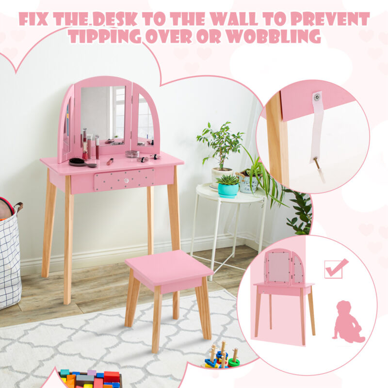 Kids Dressing Table and Stool Set Girls Vanity Table with Tri-Folding Mirror