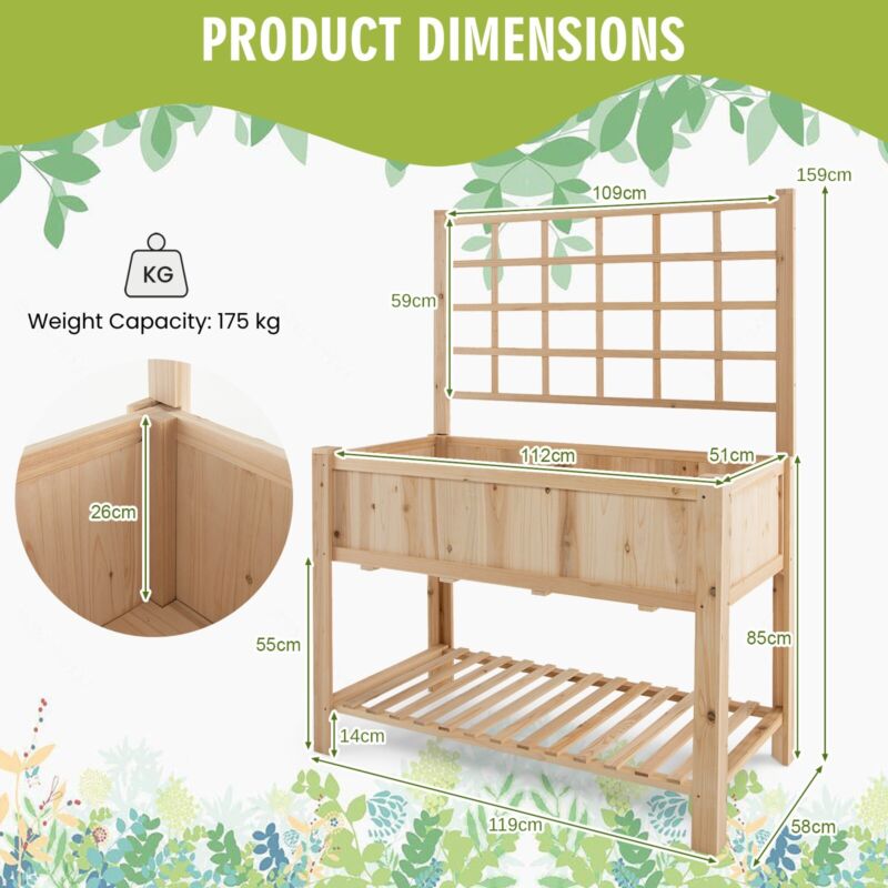 Wooden Raised Garden Bed w/ Trellis Outdoor Elevated Planter Box w/Storage Shelf