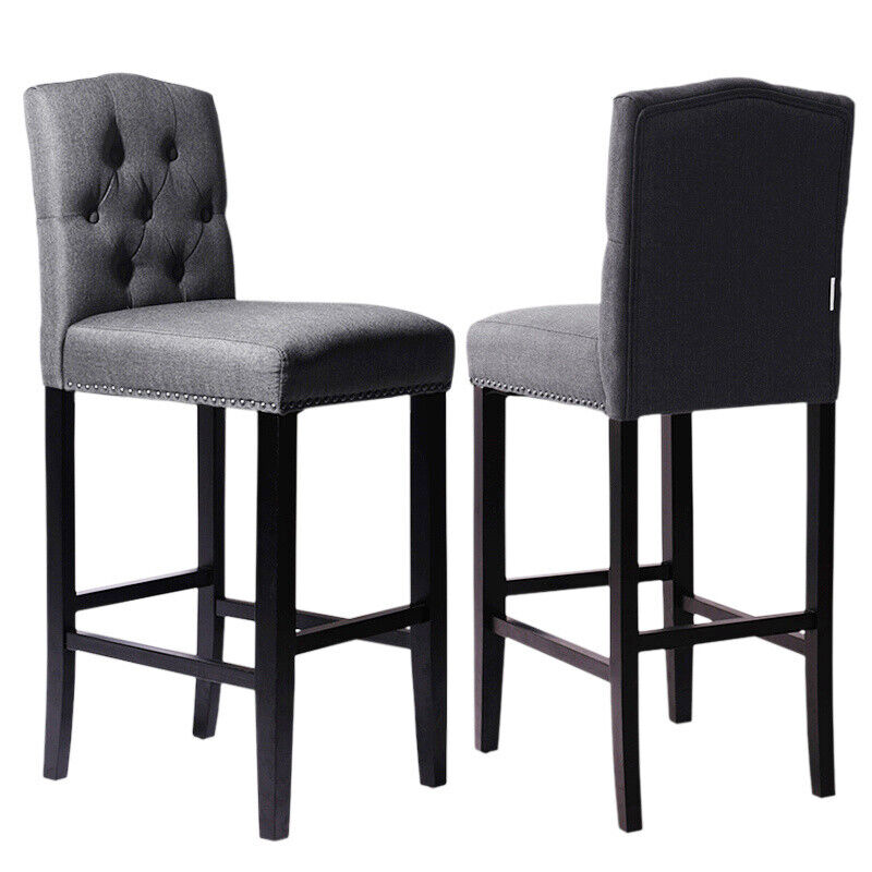 2x Grey Linen Breakfast Bar Stool Kitchen Padded Seat Barstool Button High Back