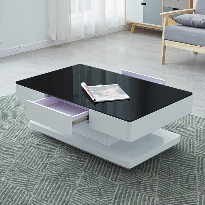 Black Glass Coffee Table White High Gloss Table with Storage Drawers Home Office