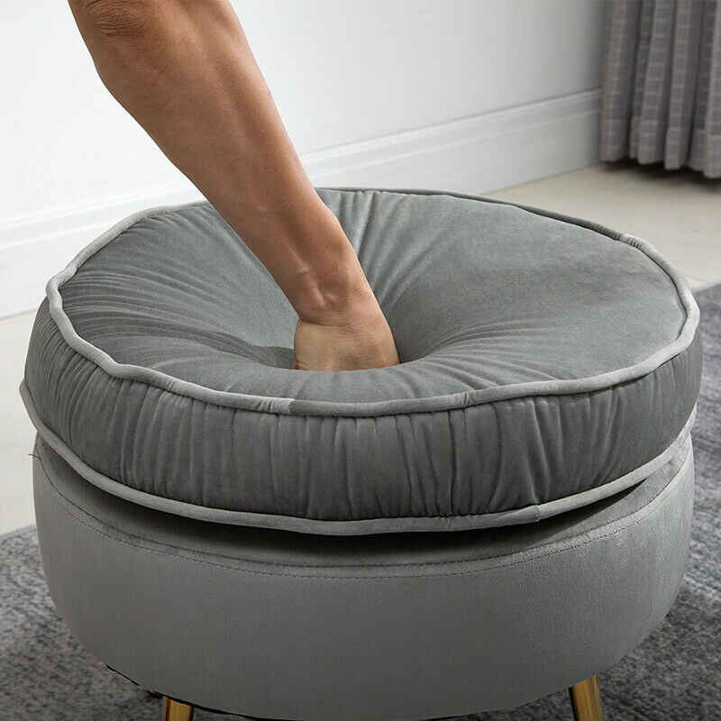 Modern Grey Velvet Footstool Ottoman Stool Round Metal Legs Living Room Office