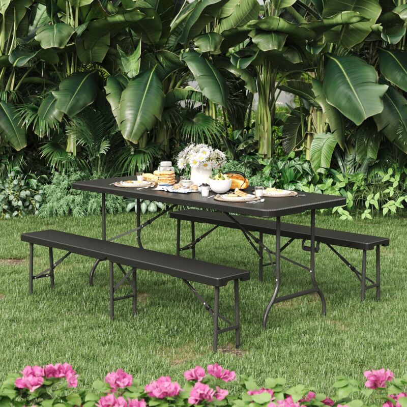 180cm Table 2 Benches Set PE Rattan Folding Garden Beer Picnic Tables Gathering