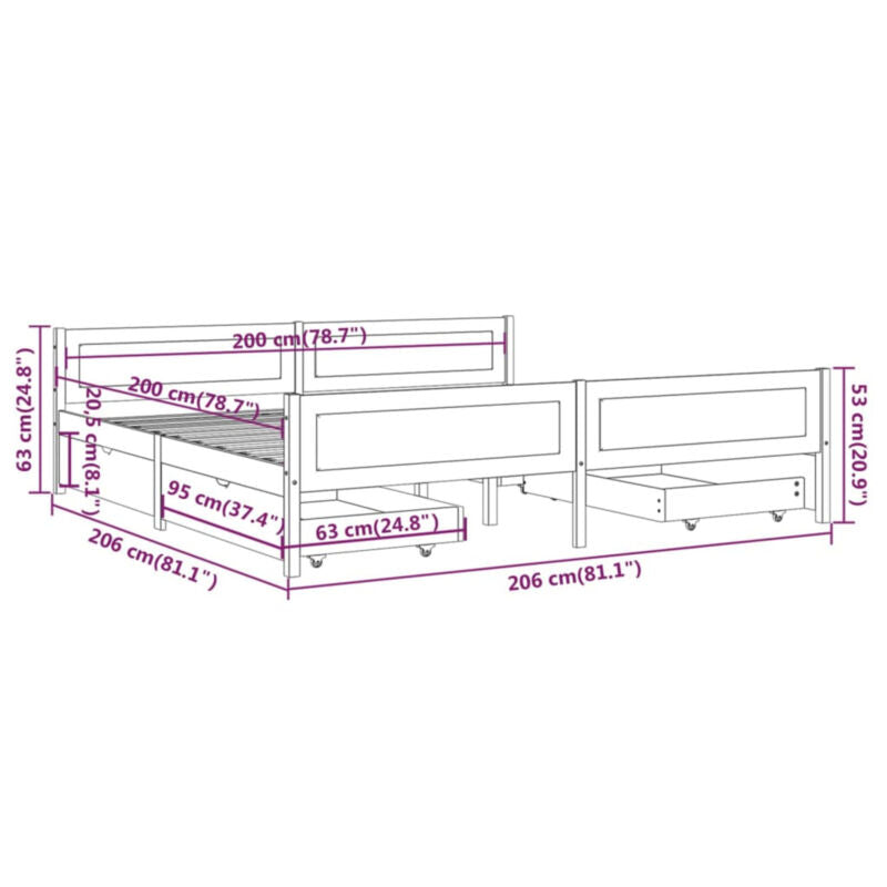Bed Frame with 4 Drawers White Solid Wood Pine 200x200 F3M2