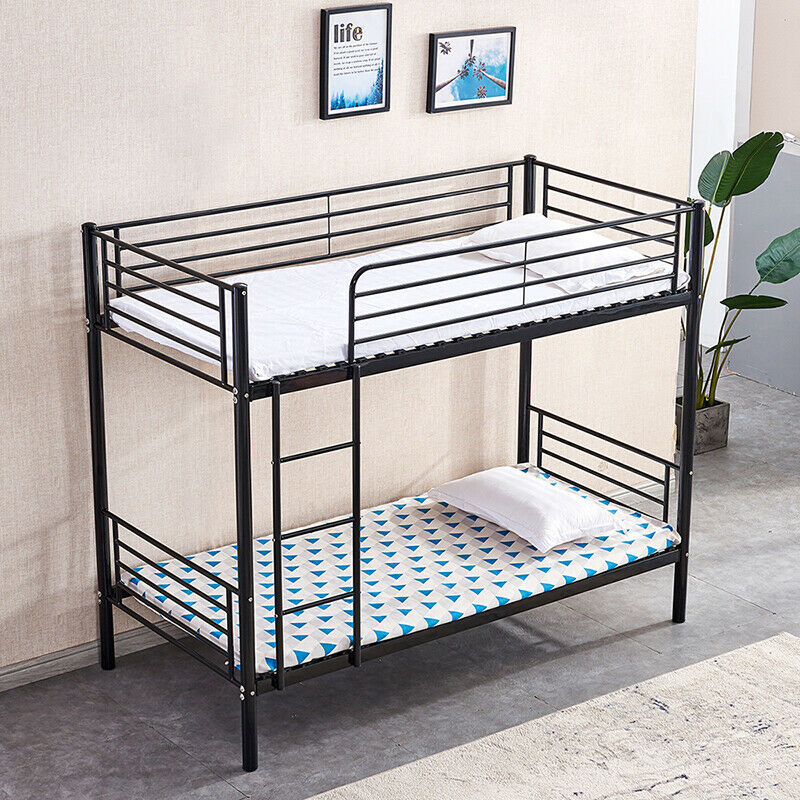 Black Bunk Bed Metal Frame with Ladder Home Dorm Bedroom Furniture for Family BN