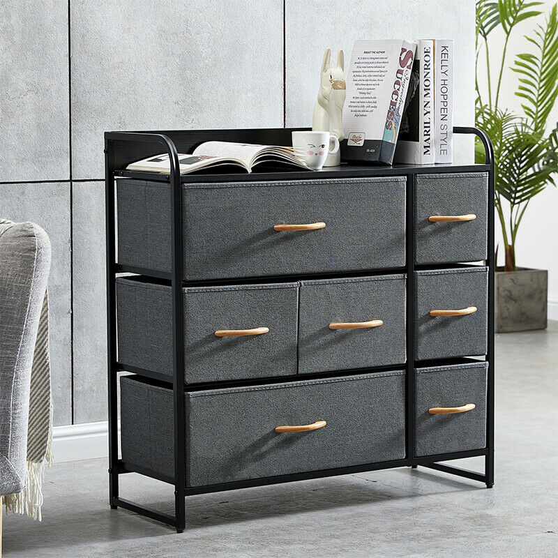 Fabric Bedside Table Cabinet Storage Unit Metal Frame Chest Of 7 Drawers Home BN