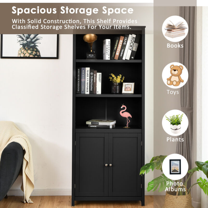 Wooden Tall Bookcase 3-Tier Shelving Storage Cabinet 2 Doors Display Organizer