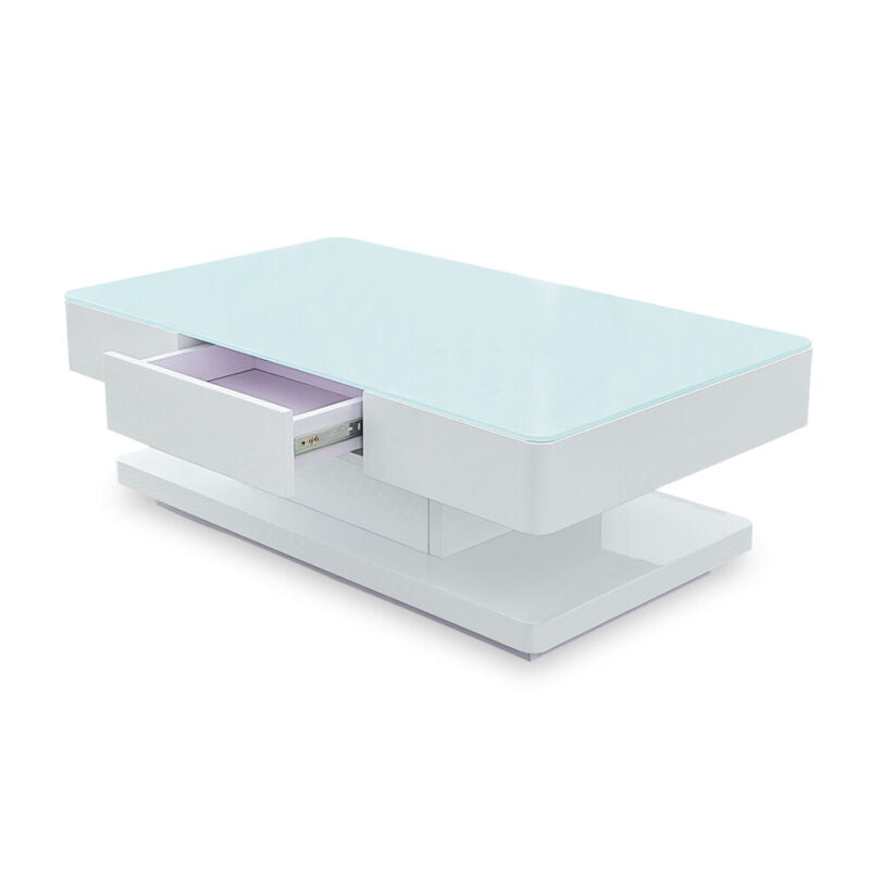 2 Drawers High Gloss 8mm Tempered Glass Coffee Table White End Table Living Room