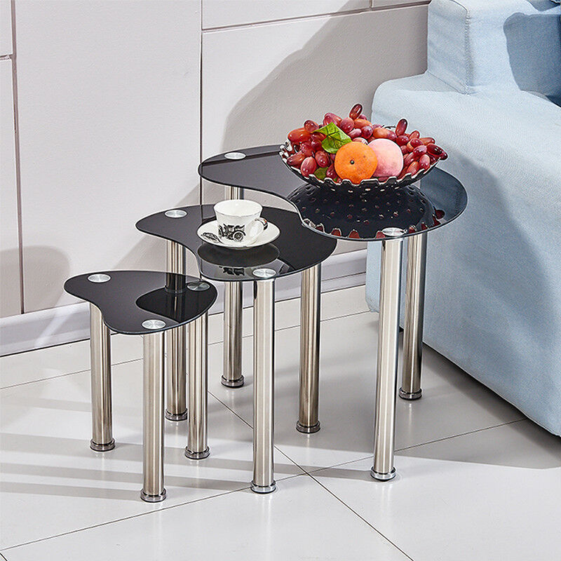Black Glass Nest of 3 Tables Side End Corner Lamp Nested Sofa Tables Livingroom
