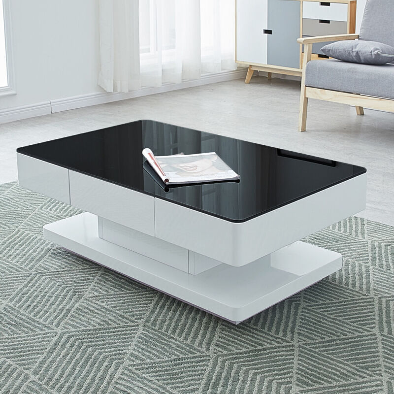 Black Glass Coffee Table White High Gloss Table with Storage Drawers Home Office