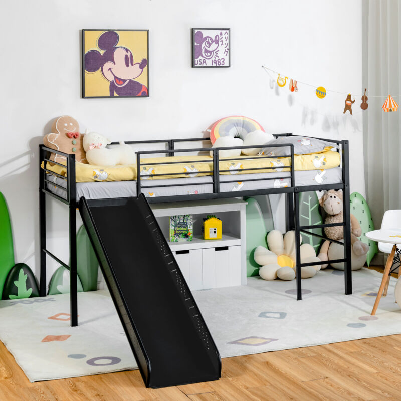 Sliding Loft Children Single Bed Mid Sleeper Steel Bed Frame W/Safety Guardrails