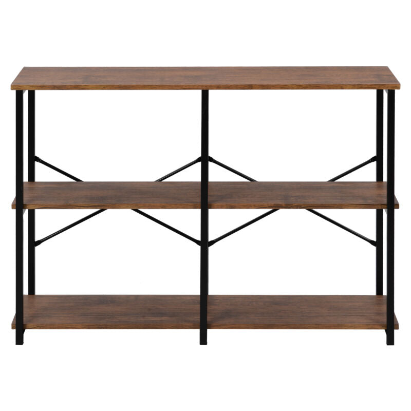 3-Tier Console Table Wodd Sofa Table Steel Frame Industrial Storage Shelf Brown