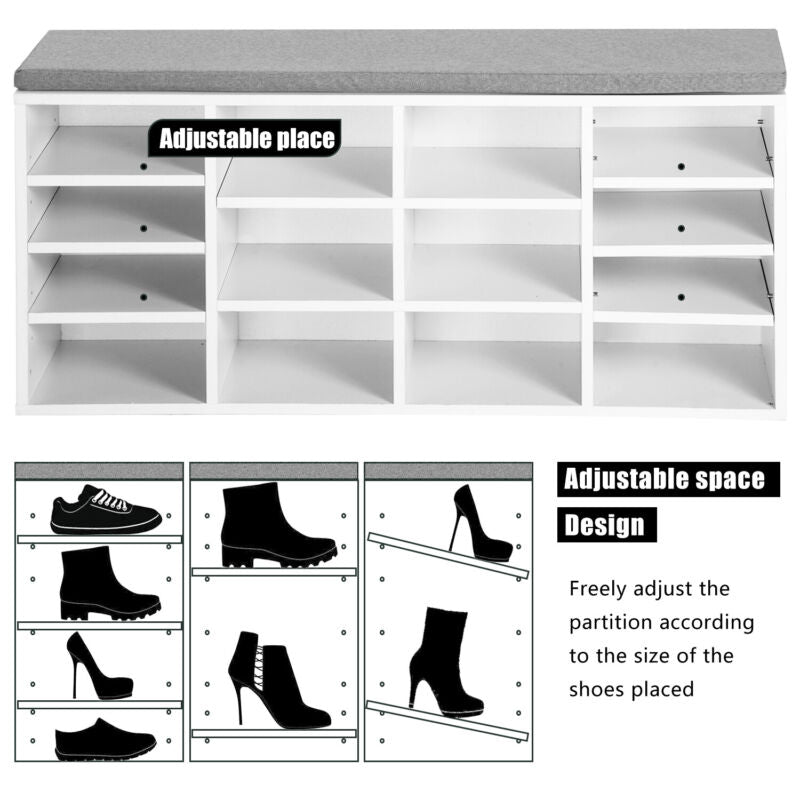 Multi-Storage Shoe Rack w/ 14 Compartments Cushion Moving Shelves for Home White
