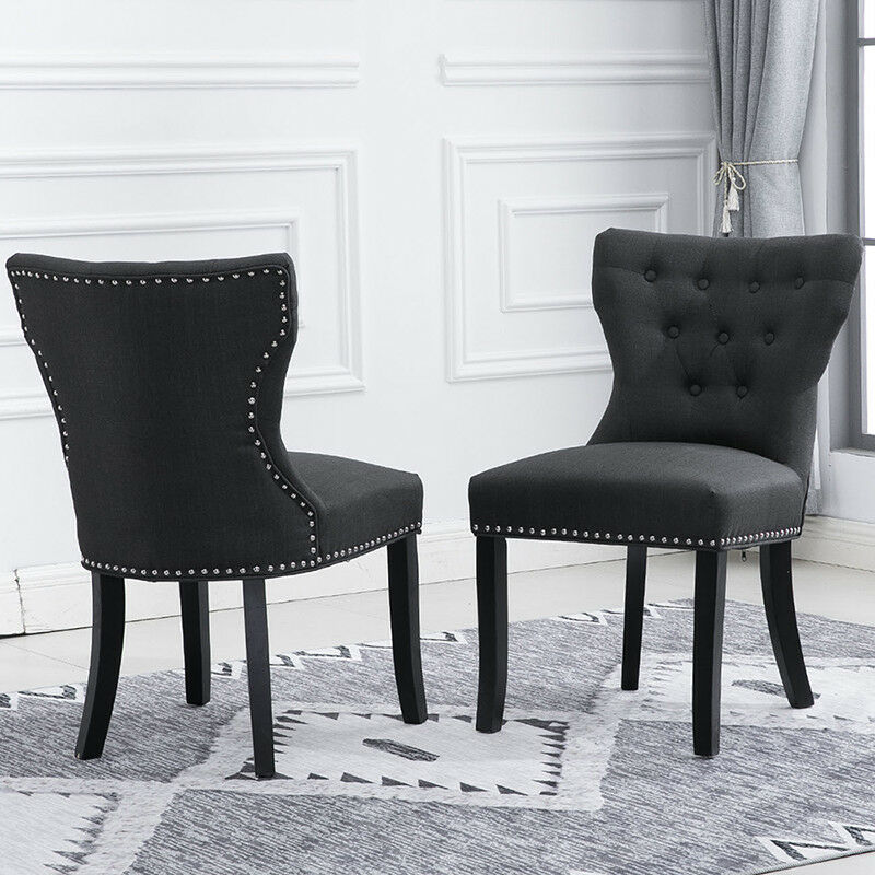 Set of 2 Wing Back Accent Dining Chair Fabric Wood Leg Dining Room Kitchen