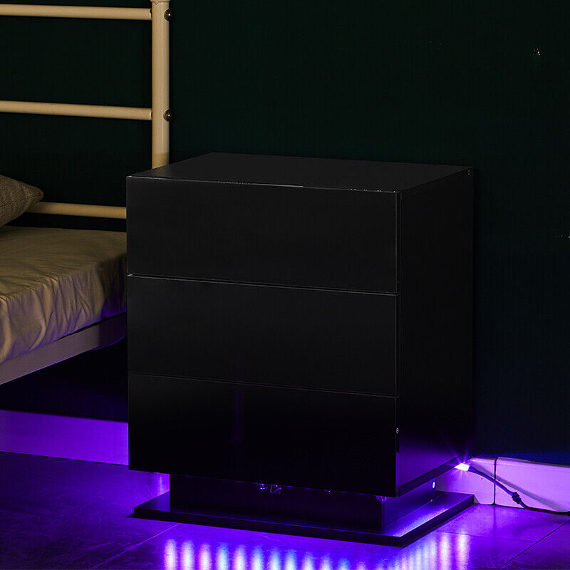 2/3 Drawers High Gloss Front Bedside Table Cabinet LED Nightstand Black/White