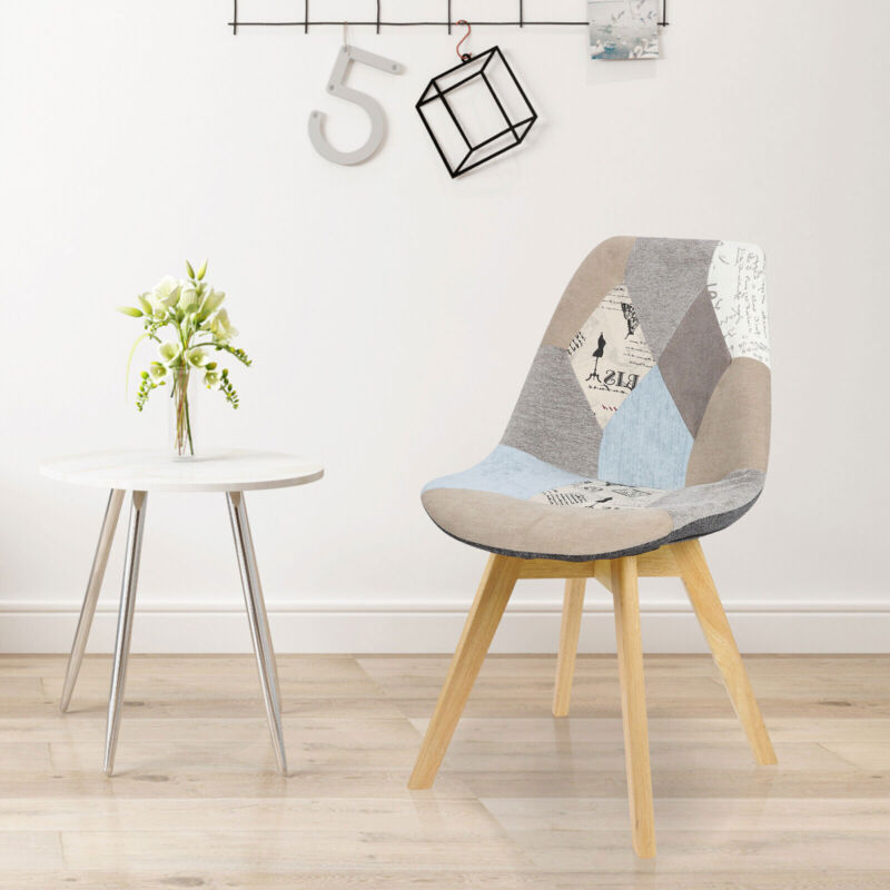 Dining Chair Patchwork Linen Chair Wooden Legs Lounge Kitchen Living Room Cafe