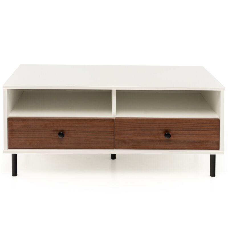 Wooden Coffee Table Rectangle Sofa Side Table Modern Cocktail Table W/ 2 Drawers