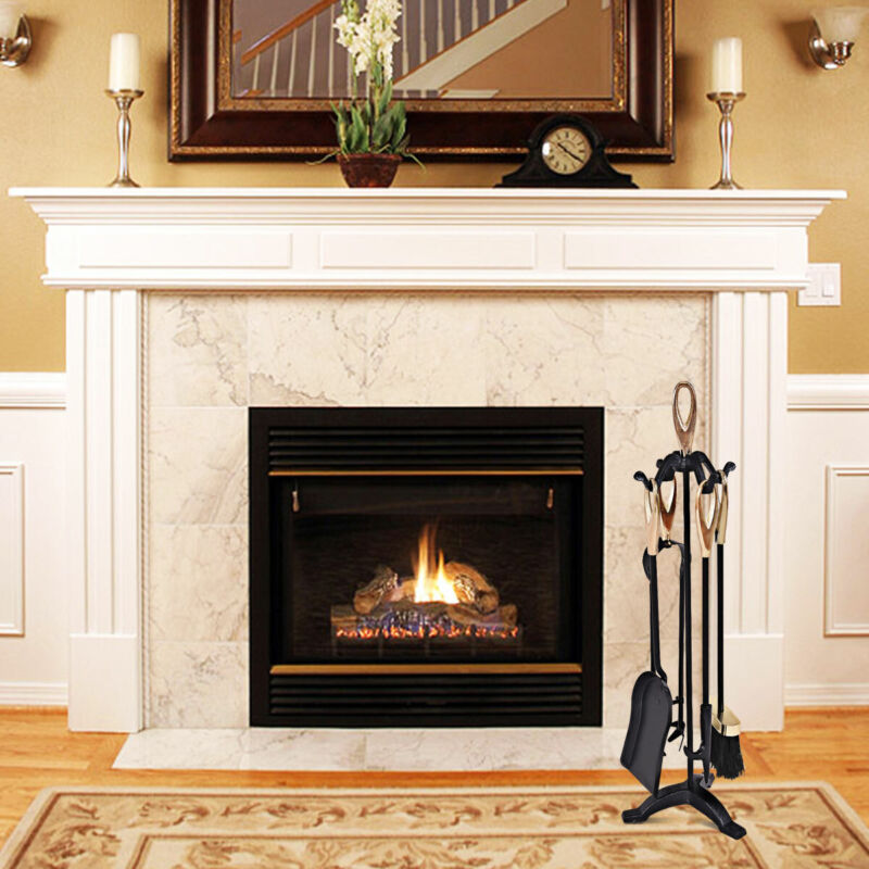 5PCS Fireplace Tools Set Cast Iron Fireside Companion Brush Shovel Poker Tong