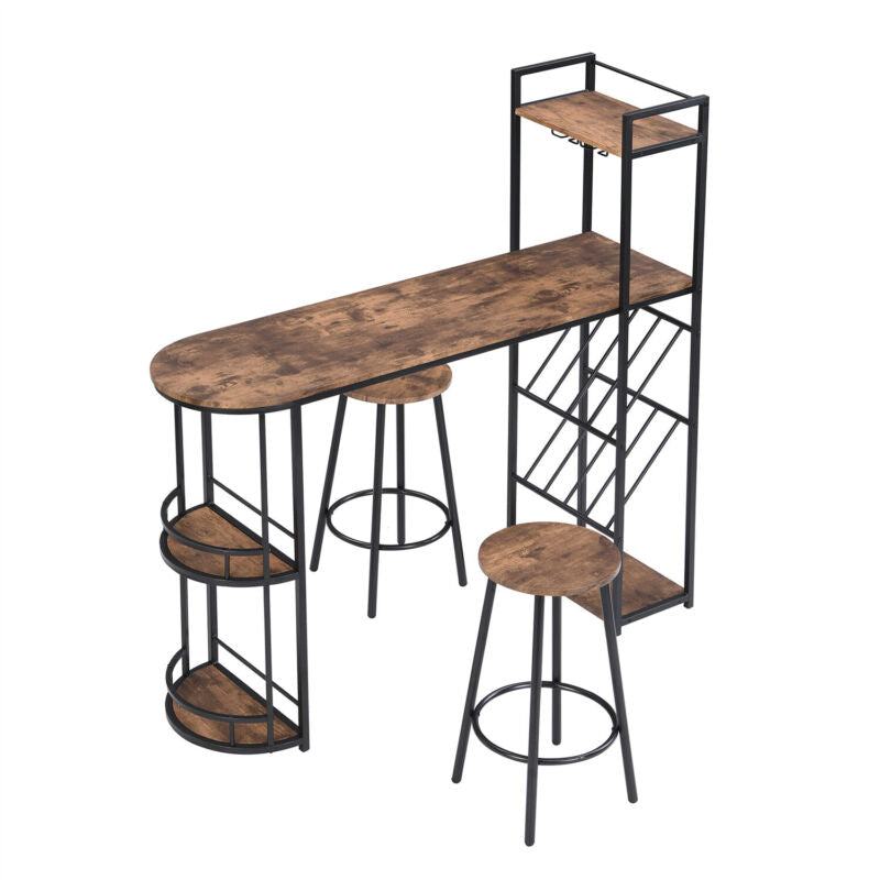 Industrial Bar Table Set with 2 Chairs Dining Set w/ Wine Rack Side Storage MF
