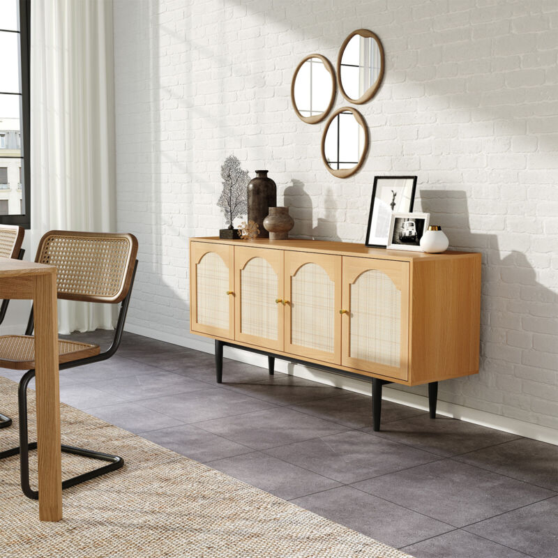 160CM Light Wood Effect Rattan Sideboard Large 4 Door 8 Cubbies Storage Cabinet