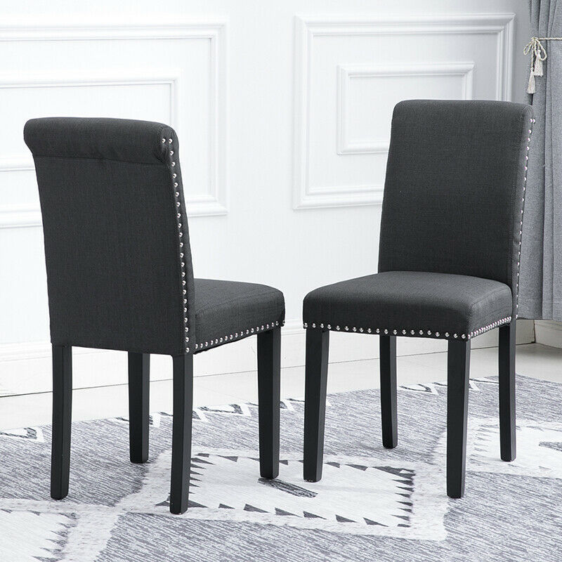 2x Dark Grey Dining Chairs Upholstered Fabric with Rivets Wood Legs Diningroom