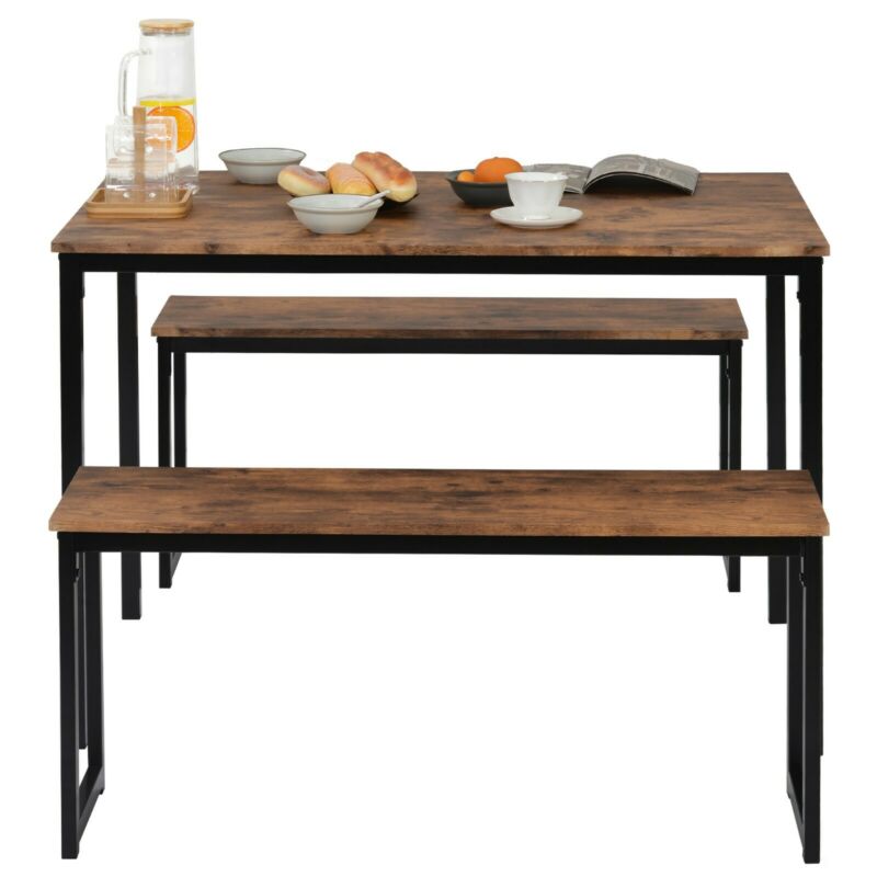 Dining Table 2 Bench Set Dinner Set Kitchen Dining Room Restaurant Rustic Brown
