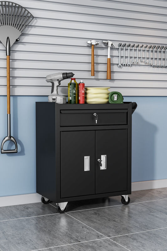 1 Drawers 2 Doors Tool Storage Garage Trolley Wheel Cart Shelf Workshop Steel UK