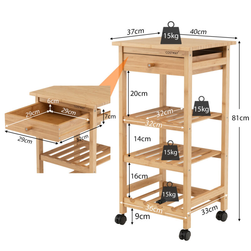 4-Tier Storage Utility Cart Bamboo Kitchen Trolley Rolling kitchen Island Dining