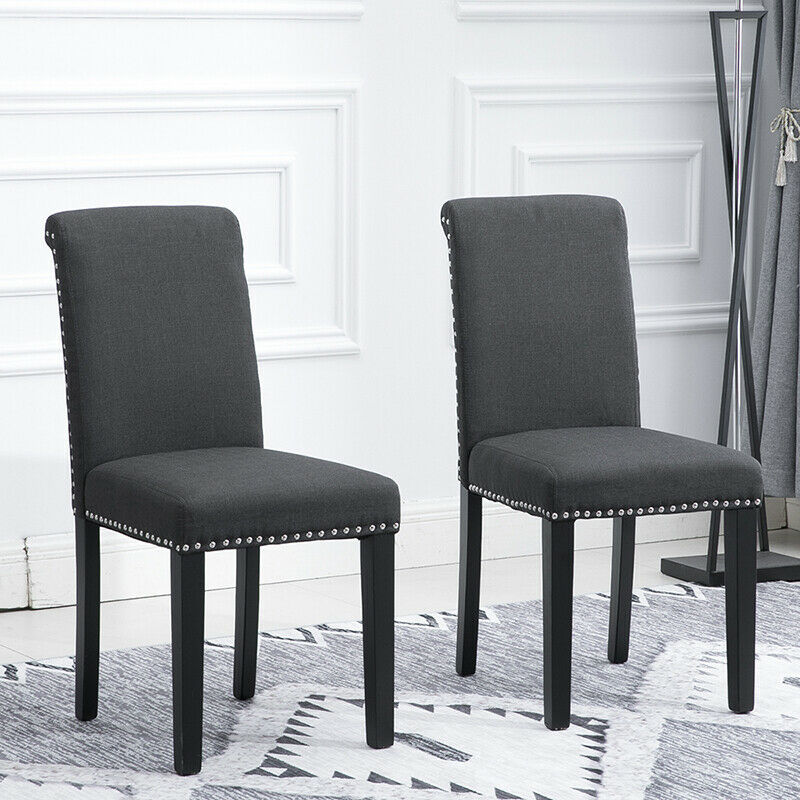 2x Dark Grey Dining Chairs Upholstered Fabric with Rivets Wood Legs Diningroom