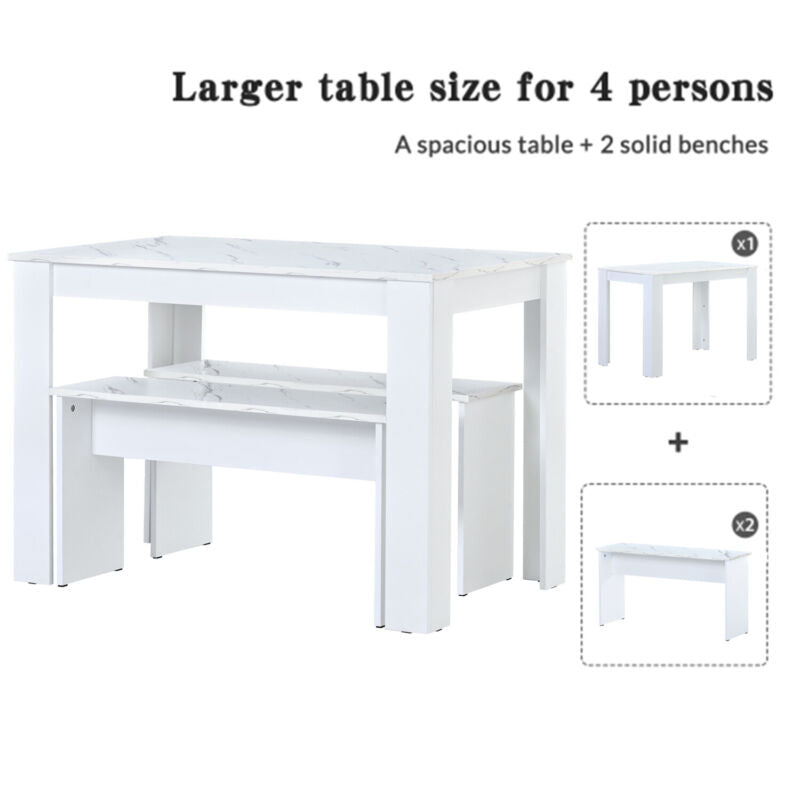 White Wooden Marble Look Breakfast Dining Table and Chairs Set of 2 Benches