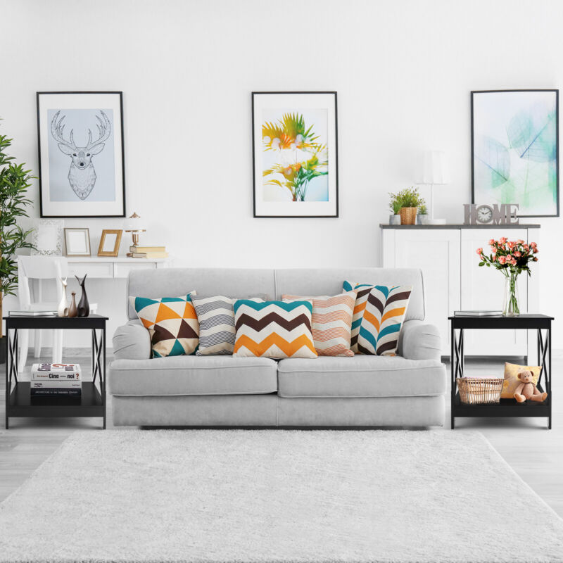 2-tier Side Table Modern End Table Floor Coffee Table X-shape Design Nightstand