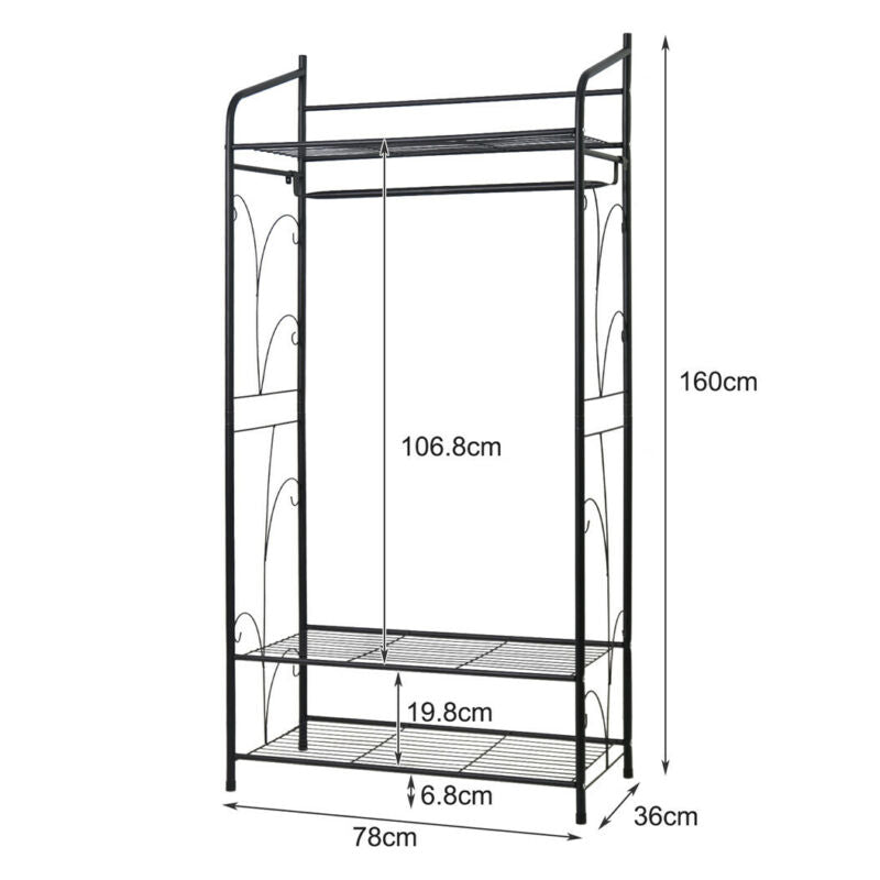 Classic Black Clothes Rail Metal Garment Rack Coat Stand with Top Storage Shelf