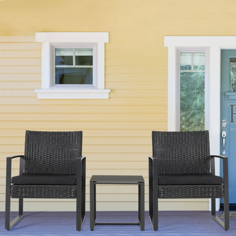 3pcs Garden Bistro Furniture Set Glass Table & Rattan Chairs with Steel Legs