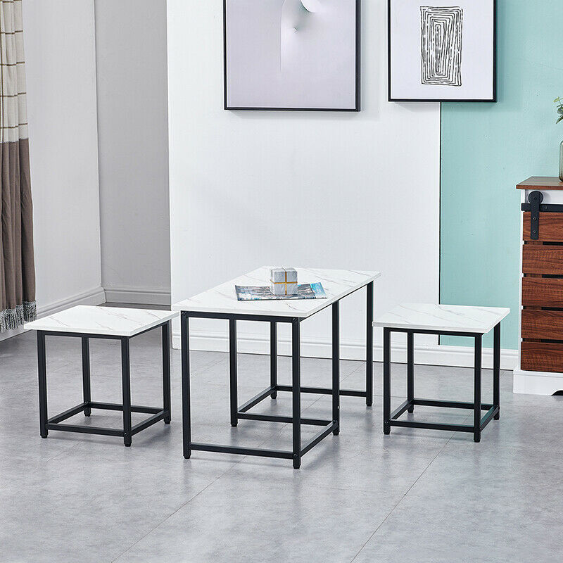 Nest of 3 Coffee Table and 2 Stools Set Living Room Office Lounge Marble Effect