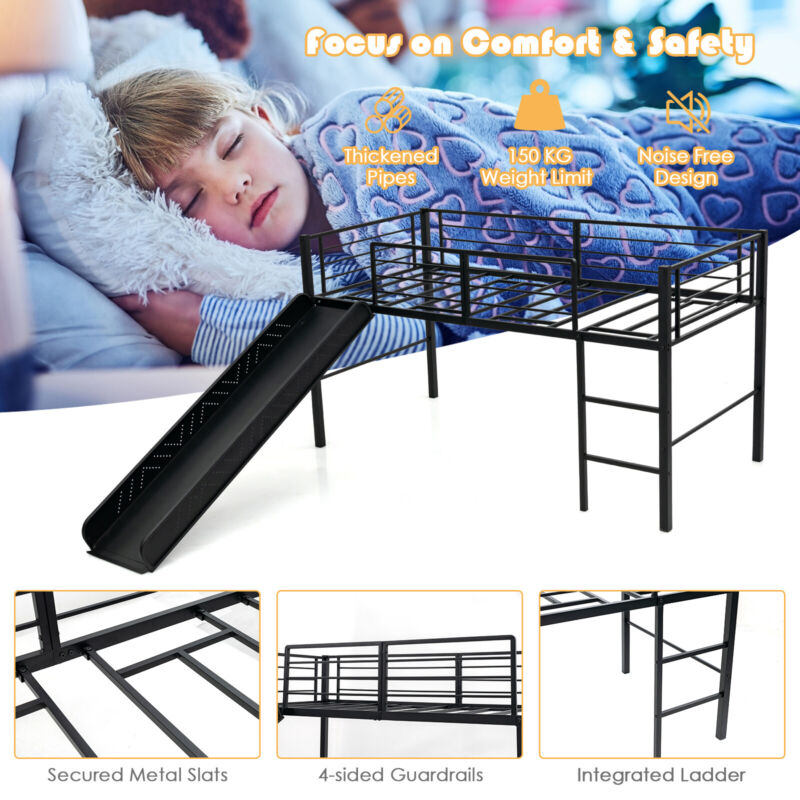 Sliding Loft Children Single Bed Mid Sleeper Steel Bed Frame W/Safety Guardrails