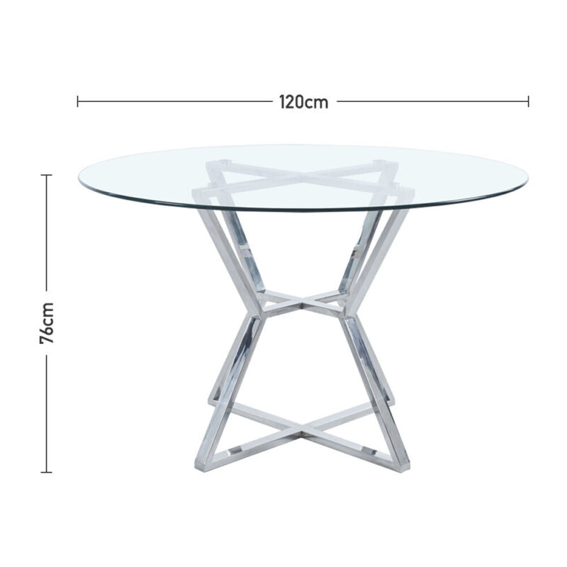 120cm Clear Glass Round Dining Table 2 4 6 Faux Leather Chair Chrome Legs Lounge