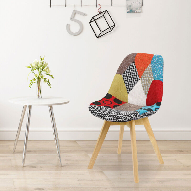 Dining Chair Patchwork Linen Padded Lounge Chair w/ Backrest Wood Legs Kitchen