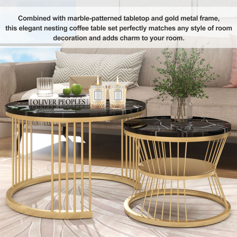 Round Nesting Coffee Table Set of 2 Marble Effect Side End Table Living Room MR