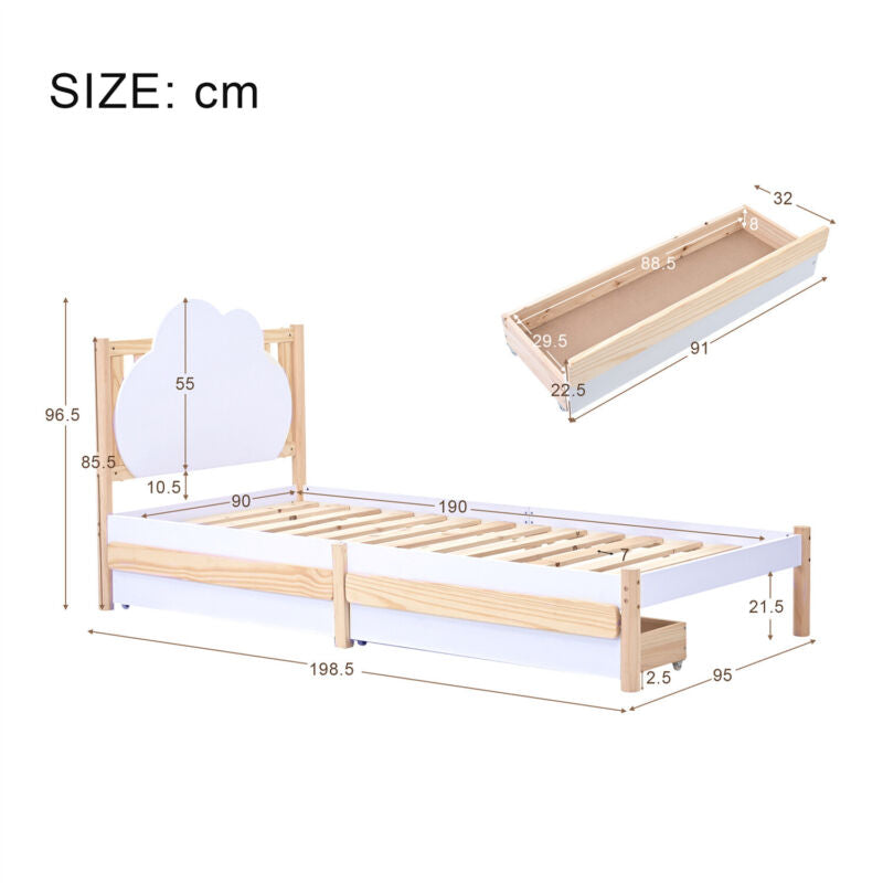Wooden Bed Frame 3ft Single Size Kids Bed with 2 Storage Drawers Cloud Headboard