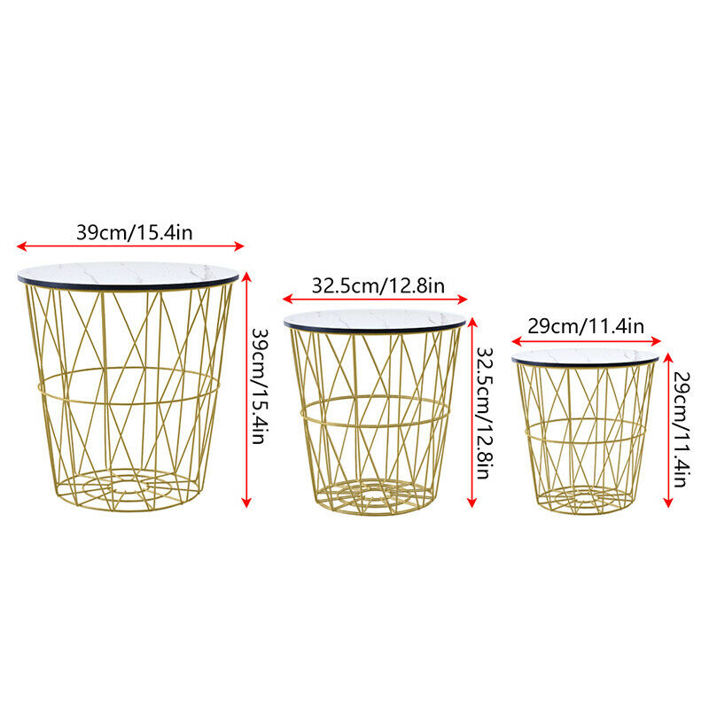 Set of 3 Storage Basket Nested Tables Side Table Metal Wire White Marble Effect