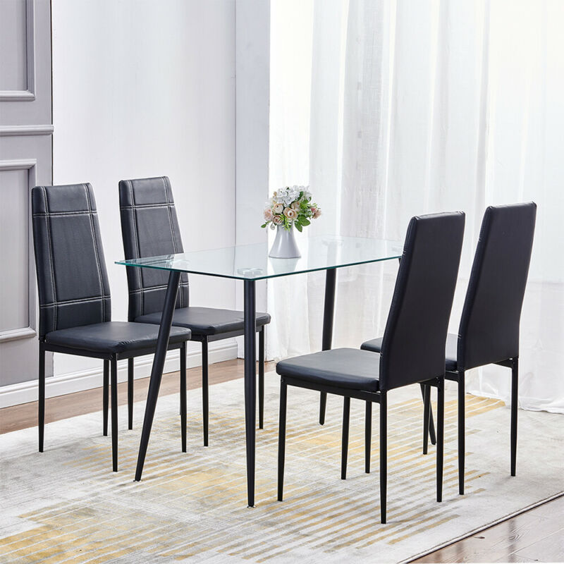 Set of 4 Black Dining Chairs Office Chairs Faux Leather Padded Seat Metal Frame