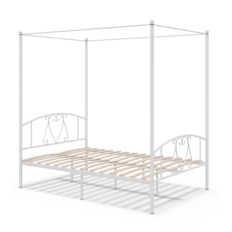 Double Size Metal Canopy Bed Frame Modern 4 Poster Platform Bed with Headboard