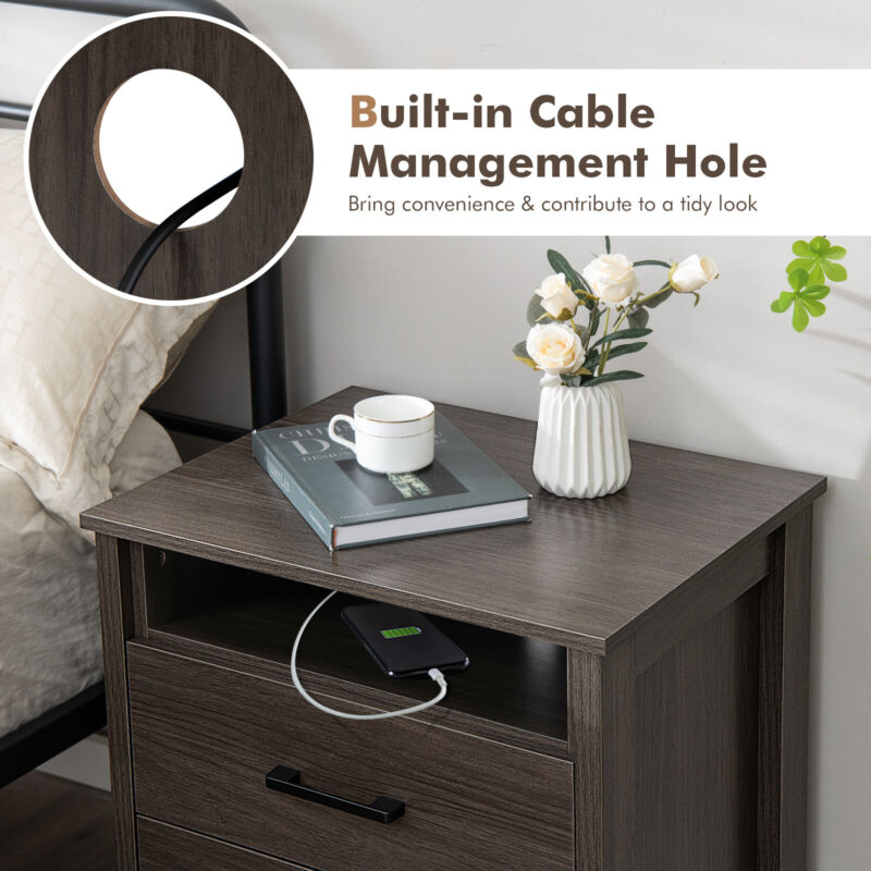 Modern Wooden Nightstand 2 Drawers Bed Sofa Side Table End Table W/ Cable Hole